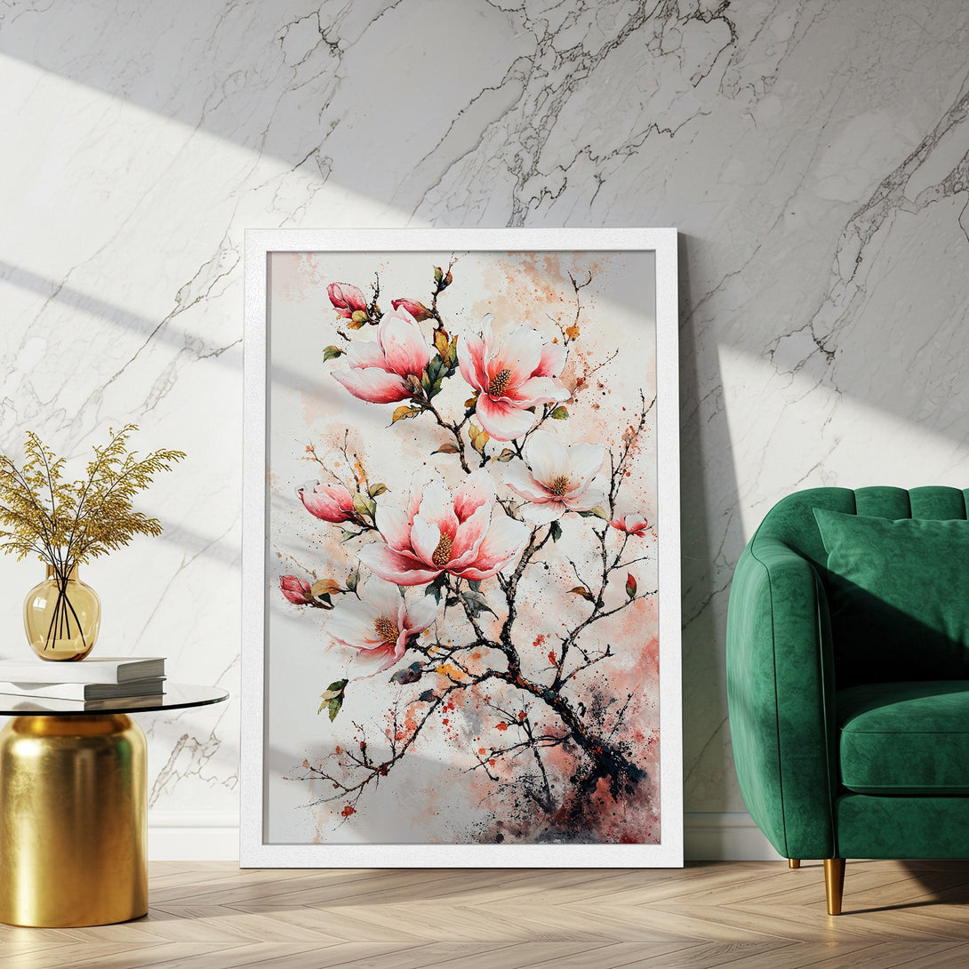 Framed Poster featuring watercolor magnolia flowers in pink and white, elegant art for home decor.