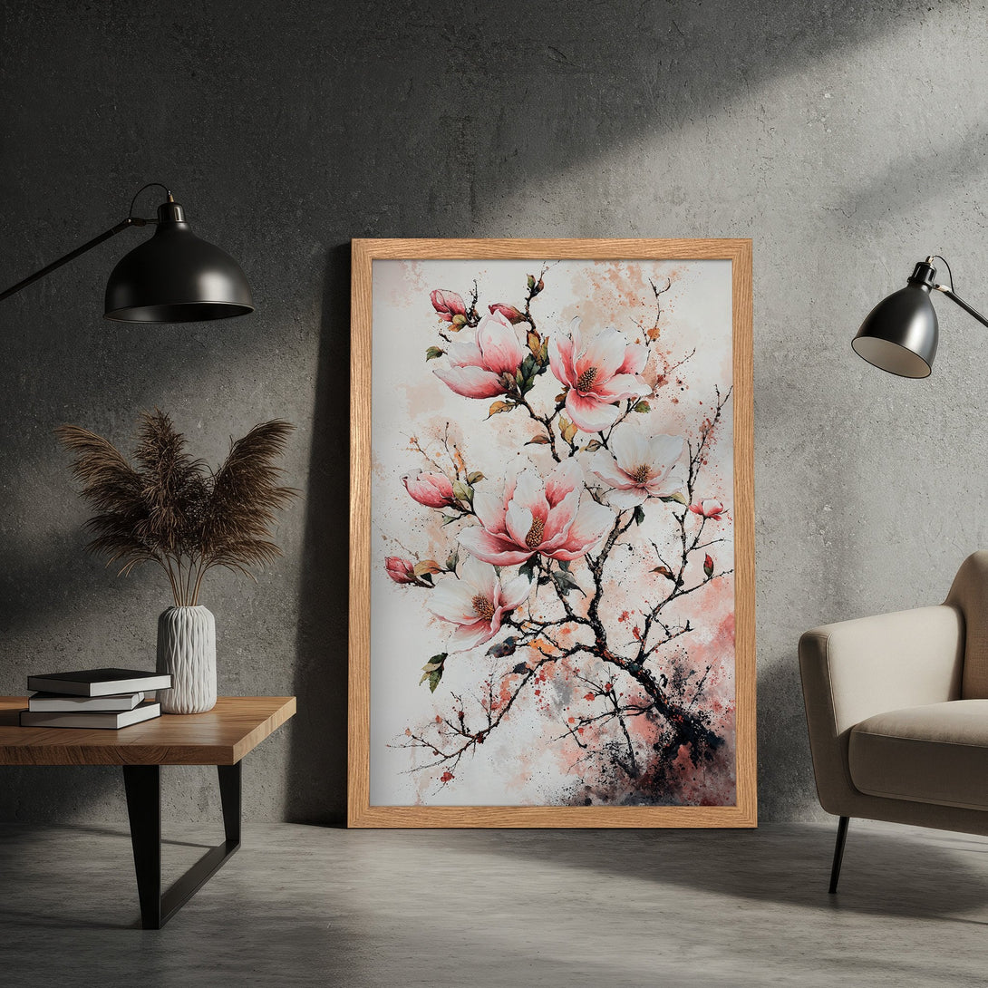 Framed Poster featuring watercolor floral art in pink and white, perfect for home decor.