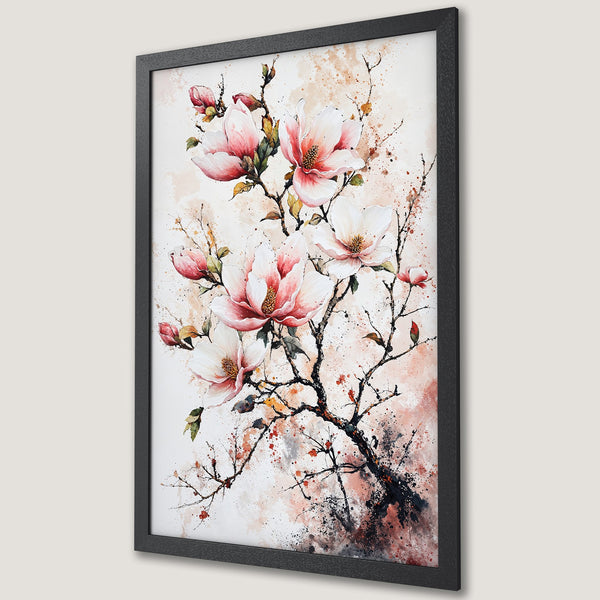 Framed Poster featuring watercolor magnolia blossoms in pink and white, with a neutral color palette, perfect for home decor.