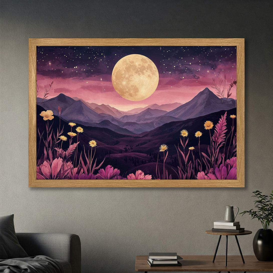 Framed Poster featuring a dreamy landscape with a full moon, mountains, and flowers in a purple and yellow color palette. Perfect wall art!