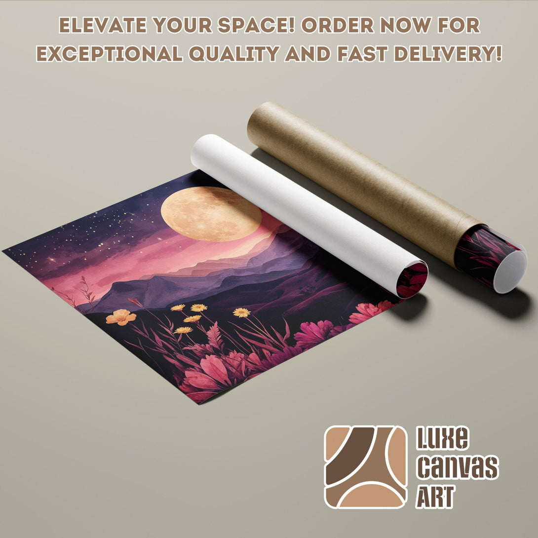 Poster Roll featuring a night sky and floral art in pinks and purples. Elevate your space!