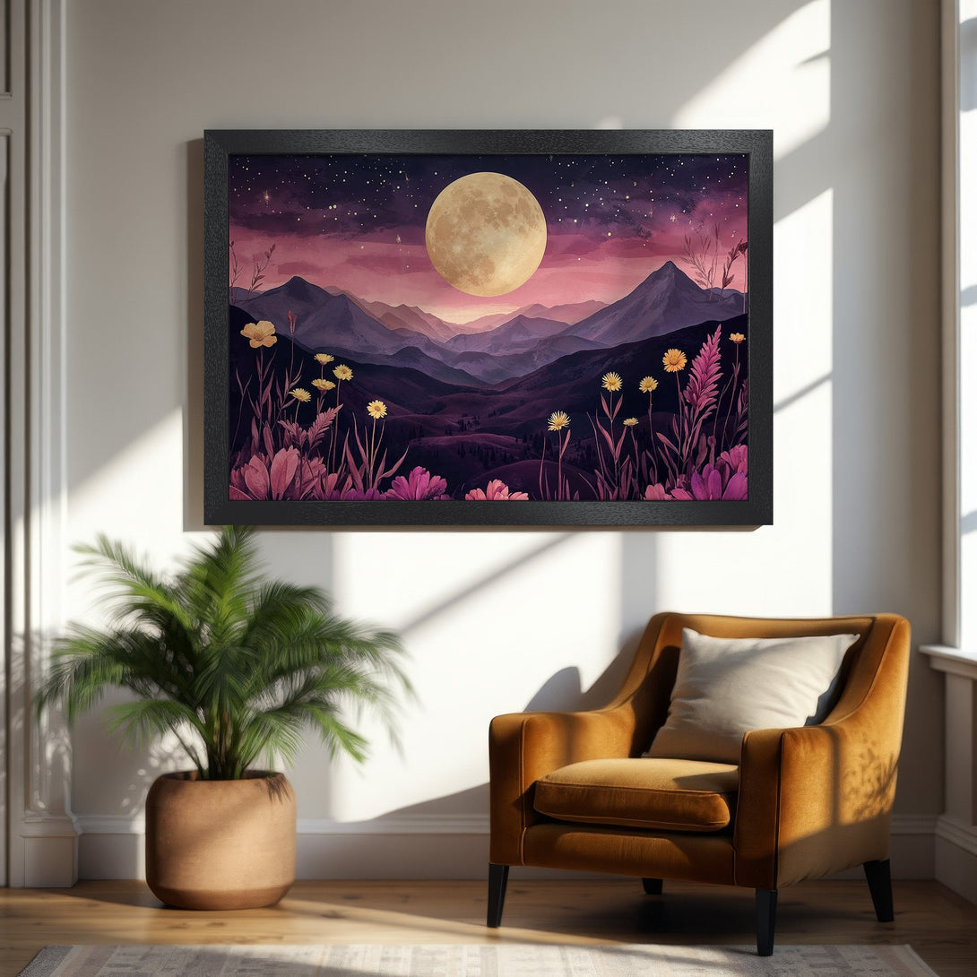 Framed Poster featuring a dreamy moonlit mountain landscape. Watercolor style with purple, pink, and yellow hues. Perfect wall art for any room.