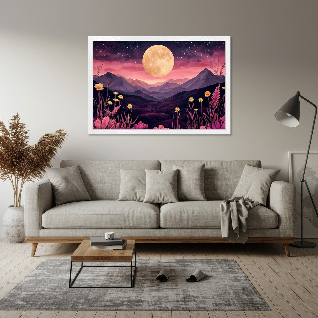 Framed Poster featuring a watercolor landscape with a full moon, mountains, and flowers. Romantic style, pink and purple color palette.