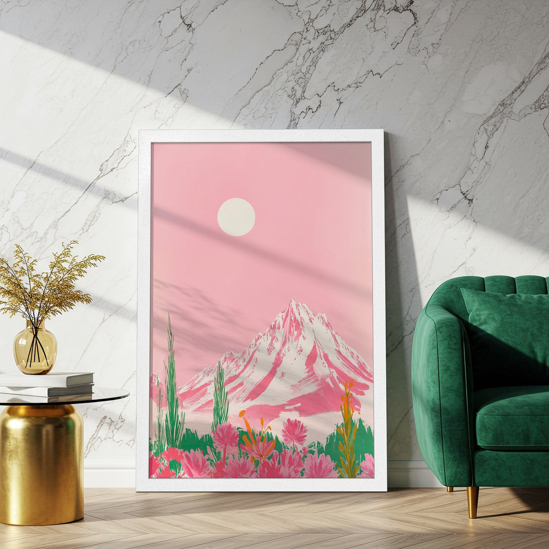 Framed Poster featuring a mountain landscape in a modern, colorful style. Pink, green & white color palette. Perfect wall art for your home!