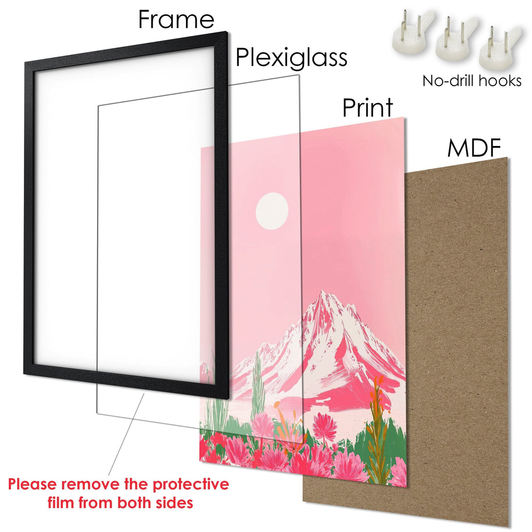 Framed Poster featuring a mountain landscape in a modern, pink and green color palette. Perfect wall art!