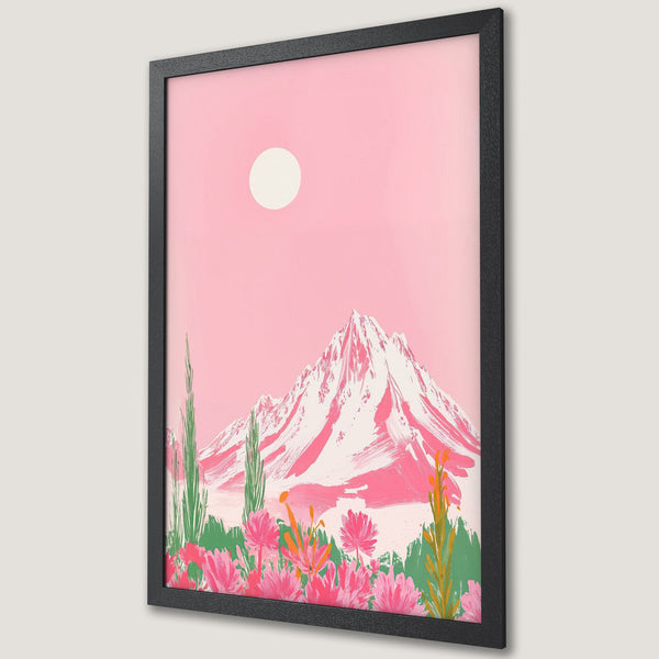 Framed Poster featuring a mountain landscape in a modern, brushstroke style with a pink and white color palette. Perfect wall art!