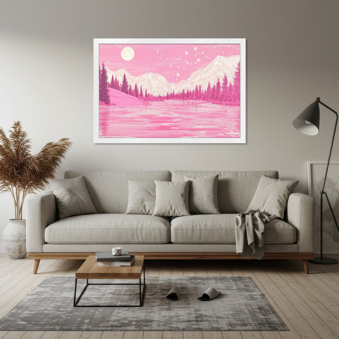 Framed Poster featuring a dreamy pink landscape with mountains, trees, and a lake. Perfect wall art to brighten your space!