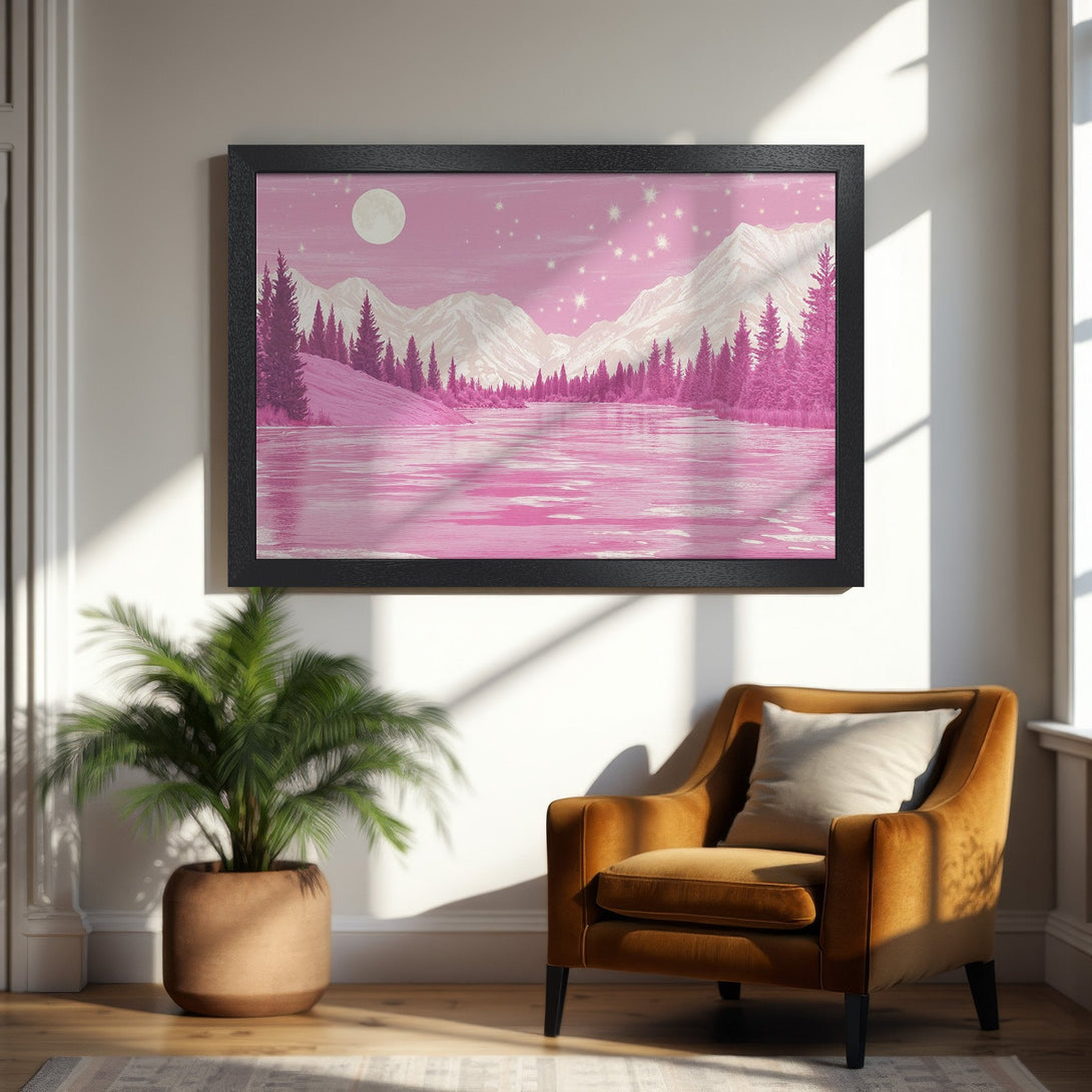 Framed Poster featuring a pink landscape scene. Modern art style with a serene, pink and white color palette. Perfect wall decor!