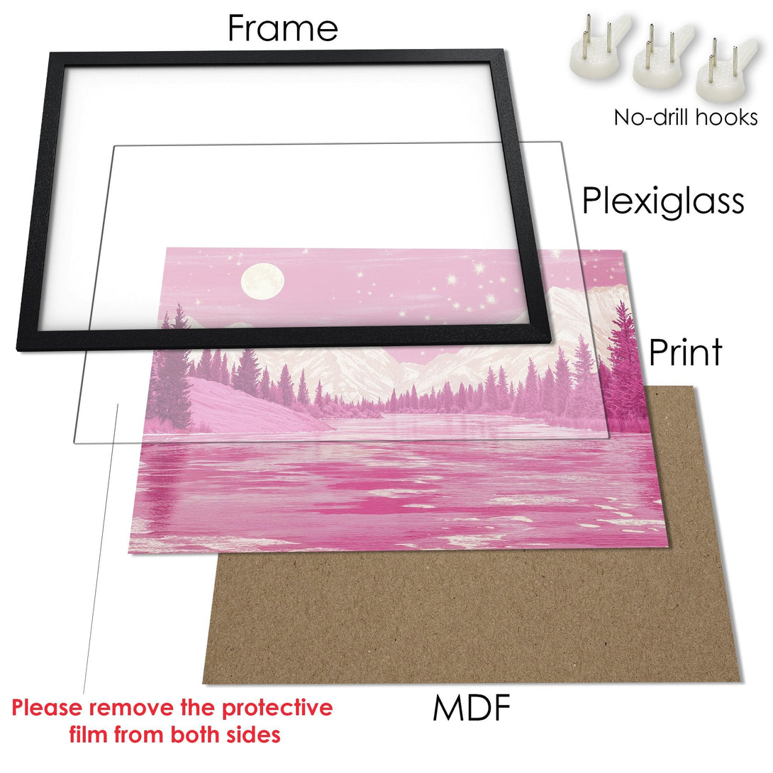 Framed Poster featuring a serene pink landscape. Modern art style with a dreamy, monochromatic color palette. Perfect wall decor!