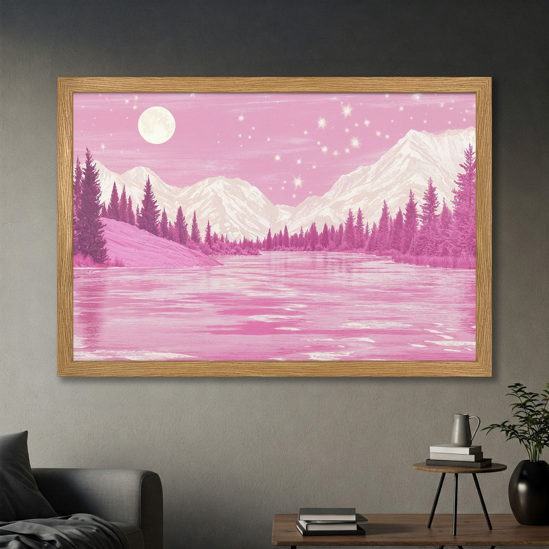 Framed Poster featuring a pink landscape with mountains, trees, and a lake. Aesthetic art print in a dreamy, romantic style.