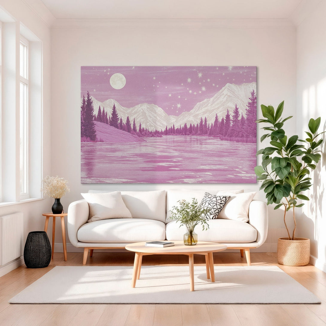 Framed Wall Art featuring a pink landscape with mountains, trees, and a moon. Modern art in a gold frame, perfect for adding a touch of elegance.
