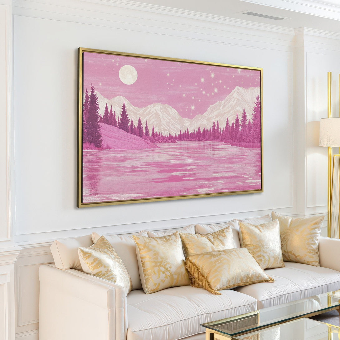 Canvas Print of a serene mountain landscape in a dreamy, pink and white color palette. Perfect for adding a touch of tranquility to any room.