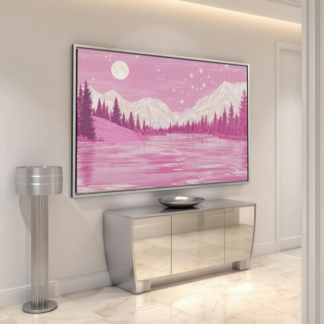 Framed Wall Art: Pink landscape Canvas Print with mountains, trees, and moon. Stylish, modern art in a monochromatic pink color palette. Perfect for home decor.