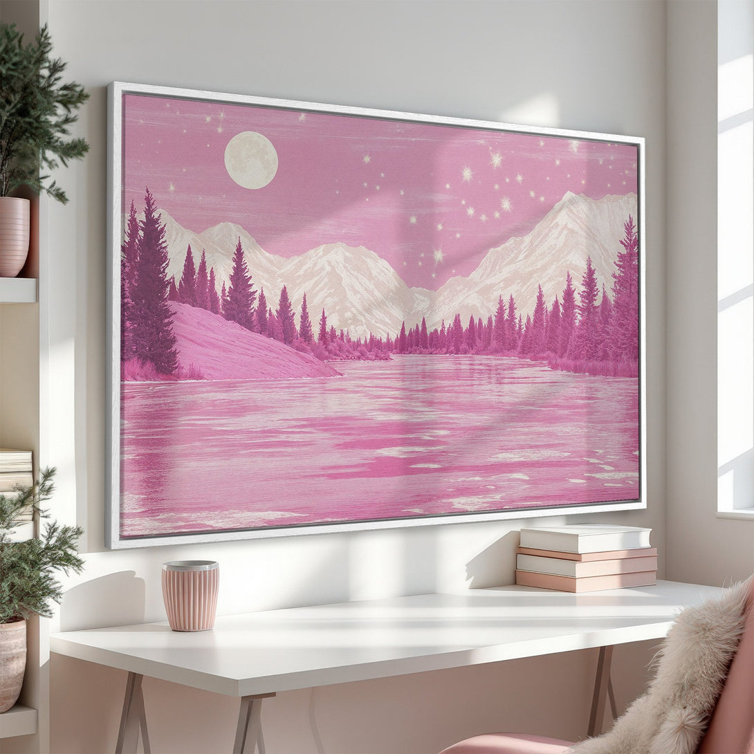 Framed Wall Art: Pink landscape canvas print. Serene mountain scene in a dreamy, soft pink color palette. Perfect for adding a touch of tranquility to any room.