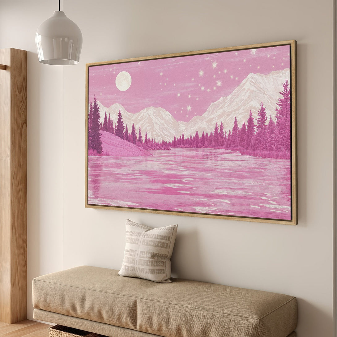 Framed Wall Art: Pink mountain landscape Canvas Print. Dreamy, artistic style with pink and white color palette. Perfect for adding a touch of serenity to your home.