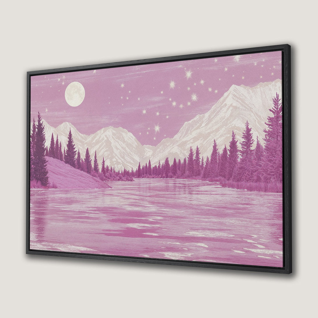 Framed Wall Art: Serene landscape Canvas Print featuring mountains, trees, and a lake in a pink and cream color palette. Perfect for adding a touch of tranquility.