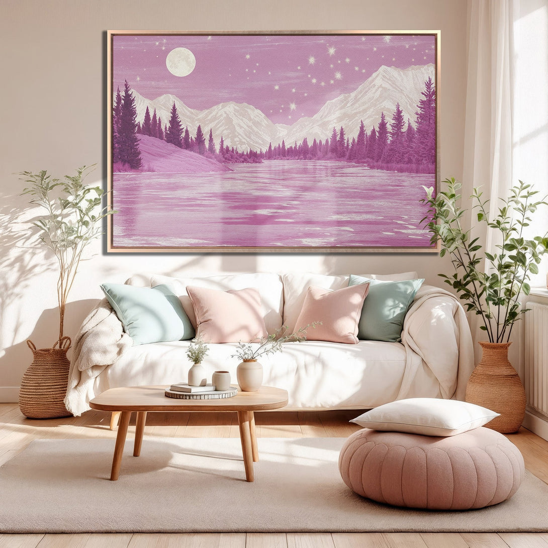 Framed Wall Art featuring a serene landscape with mountains and a lake, in a dreamy pink and purple color palette. Perfect for adding a touch of zen to your space.
