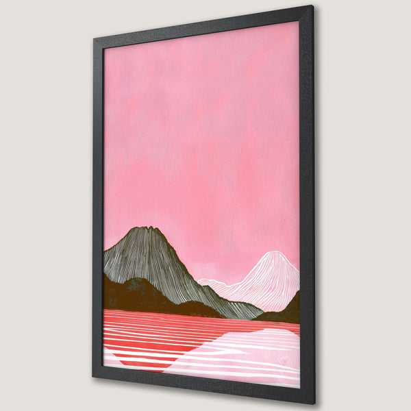 Framed Poster featuring a minimalist mountain landscape in pink and red hues. Modern art print for home decor.