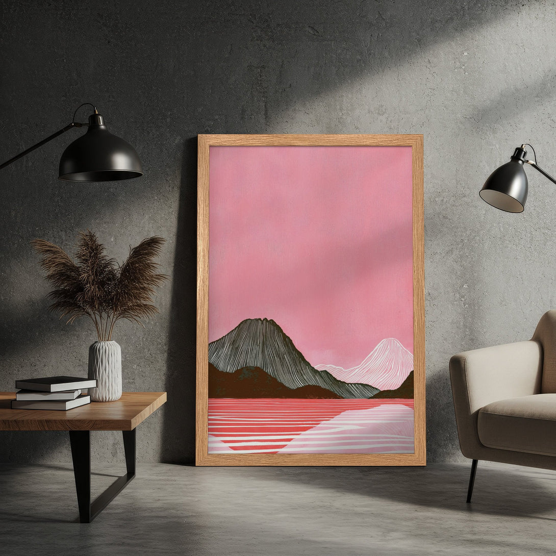 Framed Poster featuring a mountain landscape in a modern, minimalist style with pink and neutral tones. Perfect wall art!