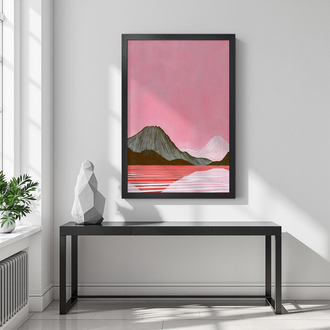 Framed Poster featuring abstract mountain landscape art in pink and brown tones. Modern wall decor for your home!