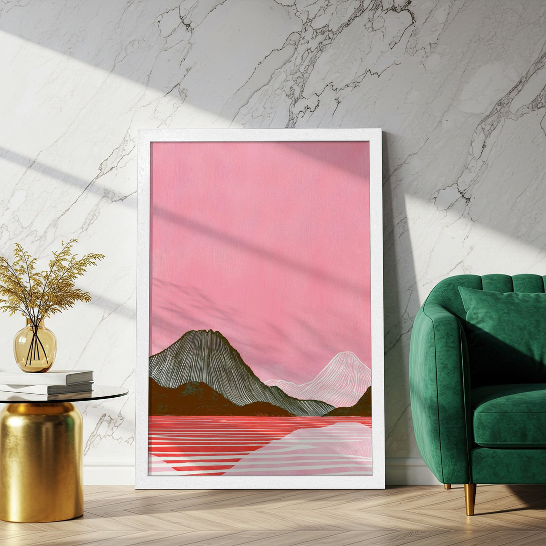 Framed Poster featuring mountain landscape art in pink, red, and green tones. Modern wall decor for your home.