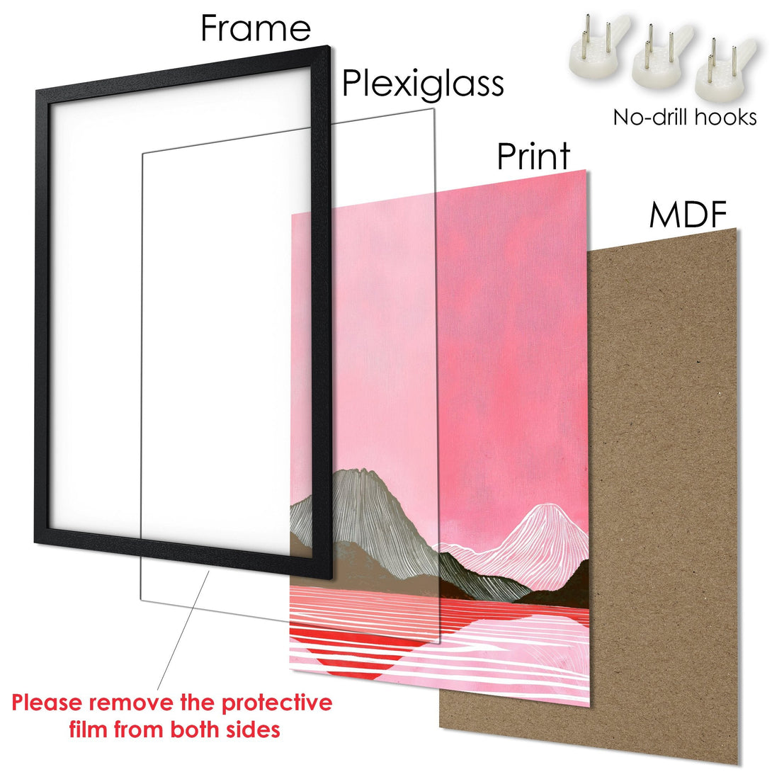 Framed Poster with pink landscape art. Modern style, featuring a black frame and a vibrant color palette. Perfect wall decor!