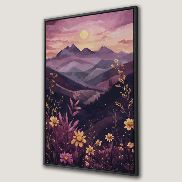 Framed Wall Art featuring a watercolor landscape with mountains, flowers, and a sunset in a purple and gold color palette. Add a touch of nature to your home!