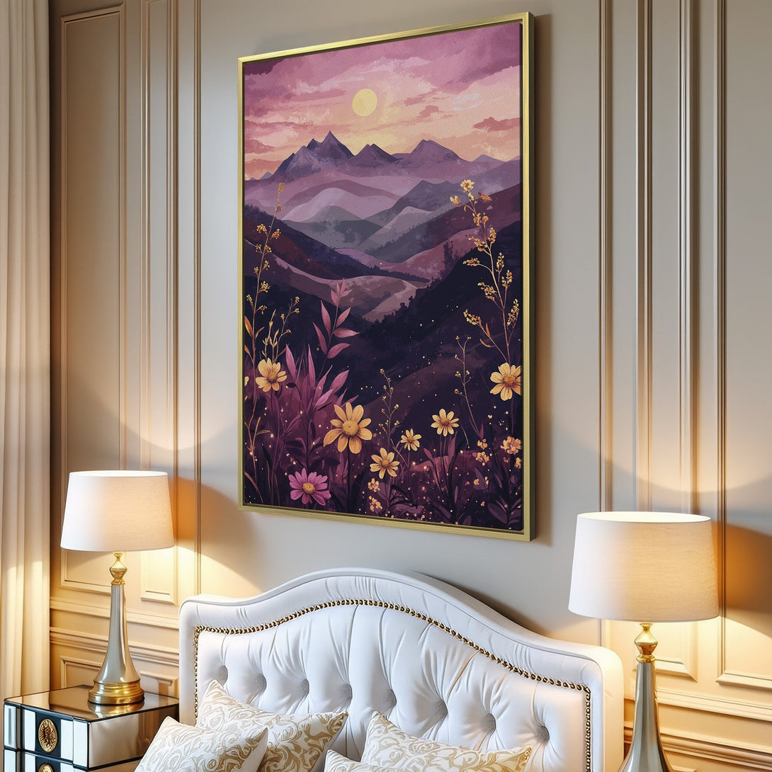 Canvas Print of a watercolor mountain landscape with a purple and gold color palette, perfect for adding a touch of nature-inspired art to your home.