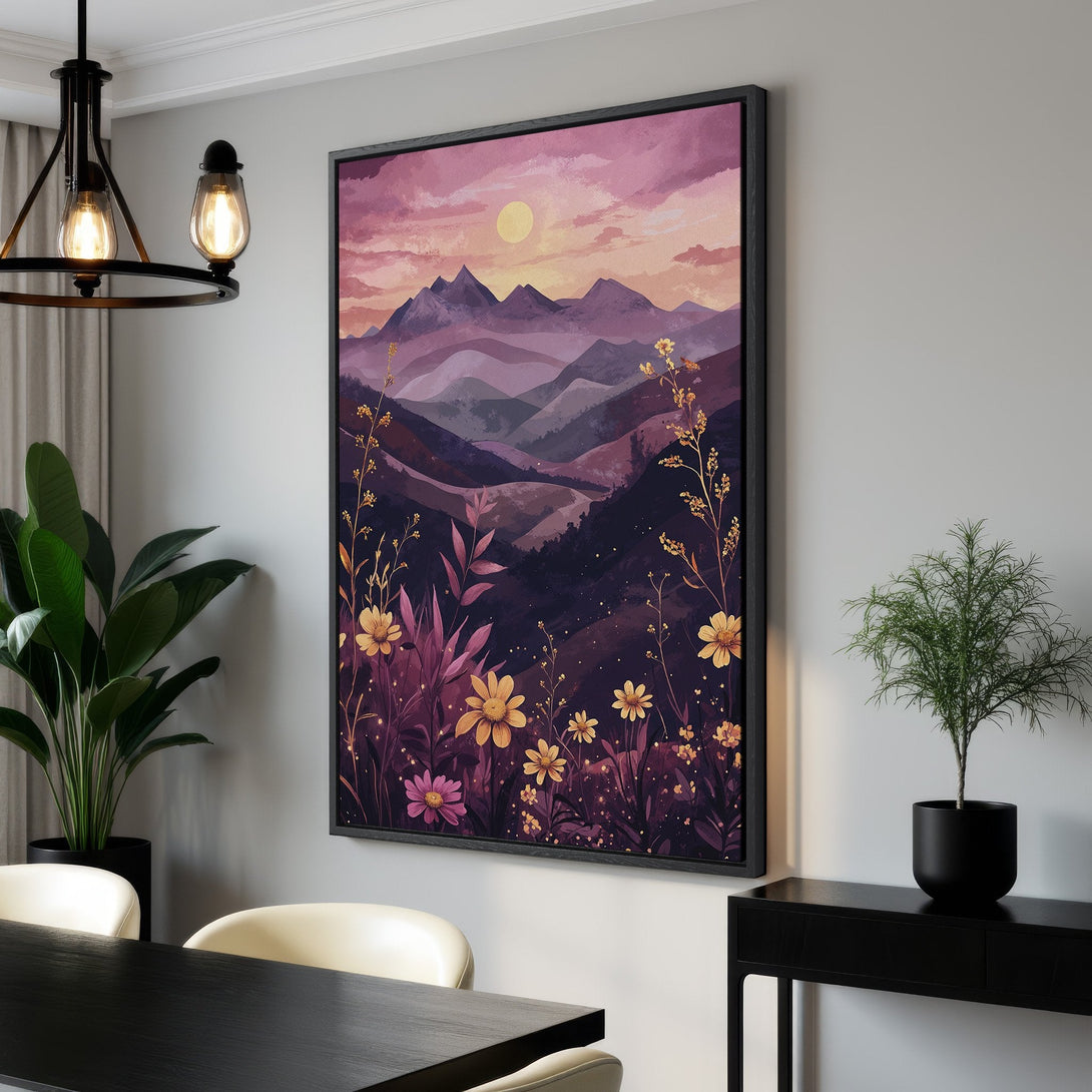 Framed Wall Art: Watercolor landscape Canvas Print with mountains, flowers, and sunset. Purple, pink, and yellow color palette for a calming interior.