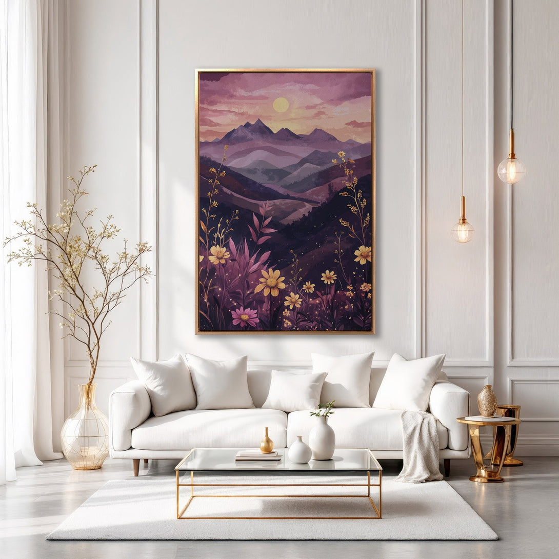 Framed Wall Art featuring a watercolor mountain landscape in a purple and gold palette. Perfect for adding a touch of serenity to your home decor.