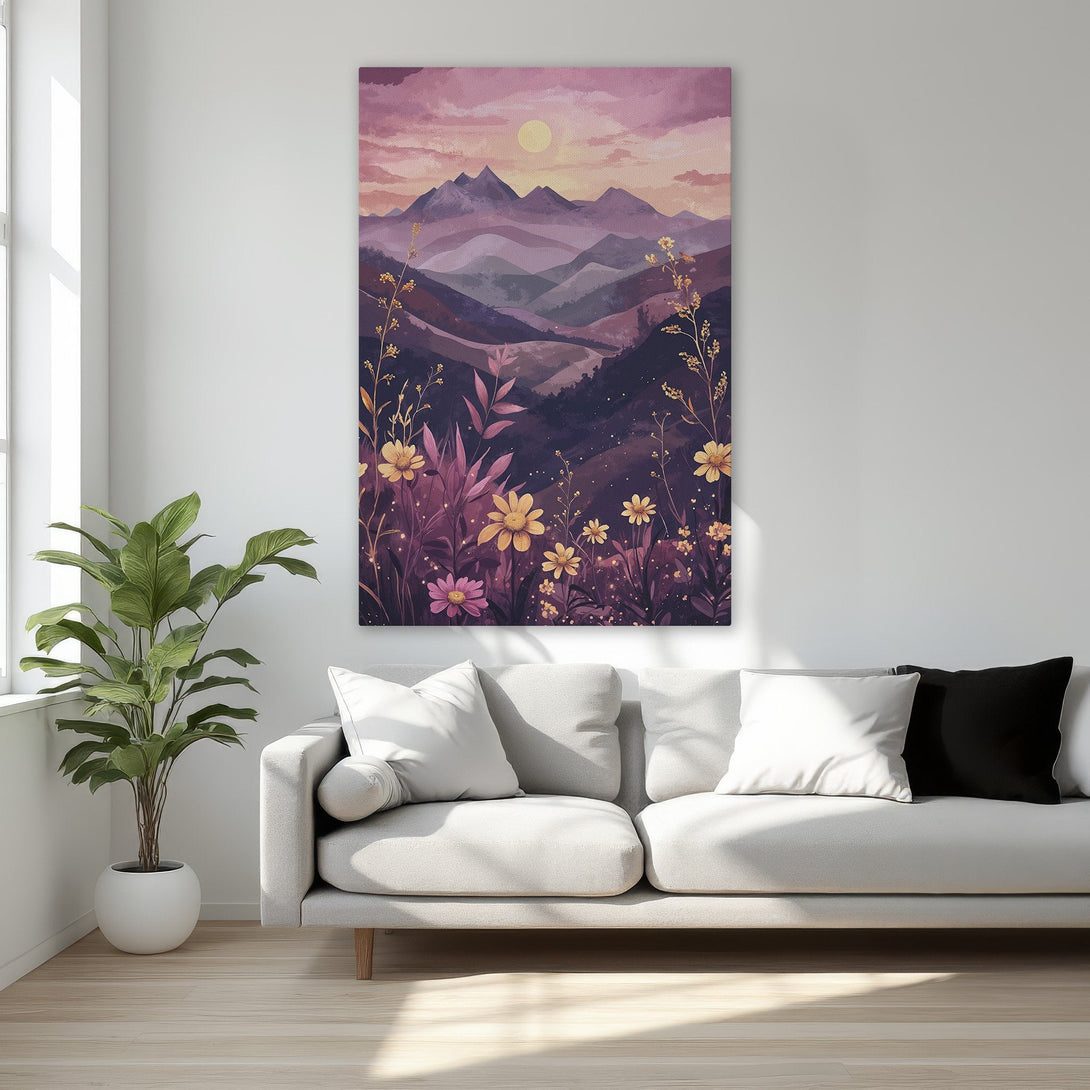 Framed Wall Art: Watercolor landscape Canvas Print in purple and gold tones. Adds a touch of nature and elegance to any interior.