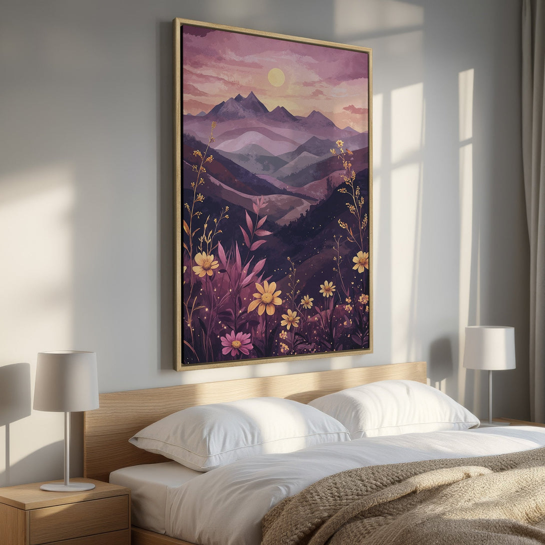 Framed Wall Art: Mountain landscape canvas print in purple and gold. Modern art for bedroom decor, featuring a serene sunset scene.