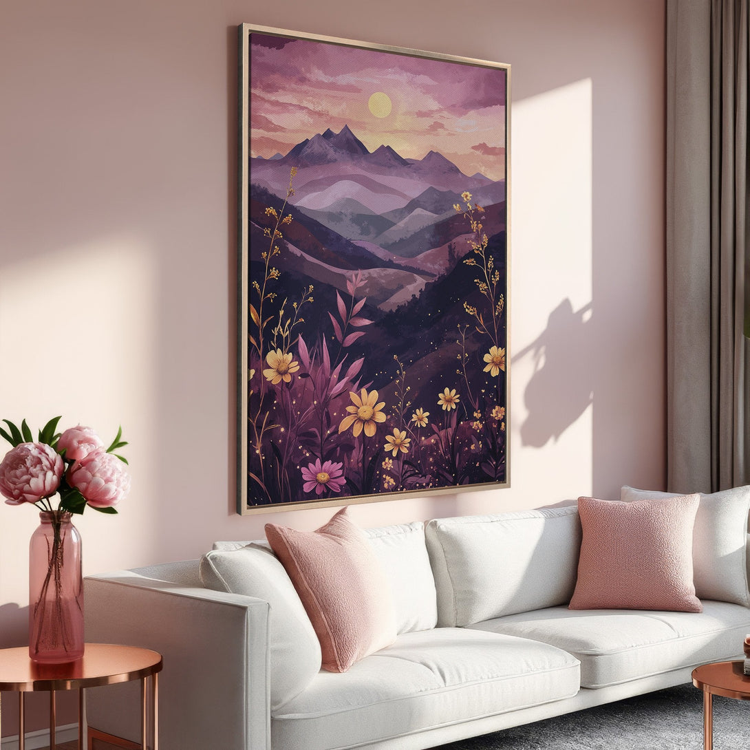 Framed Wall Art: Watercolor mountain landscape in purple and yellow tones. Perfect for adding a touch of nature-inspired art to your living room.