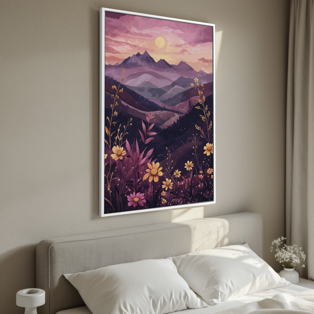 Framed Wall Art: Watercolor landscape Canvas Print with mountains, flowers, and sunset in a purple and gold color palette. Perfect for bedroom decor!