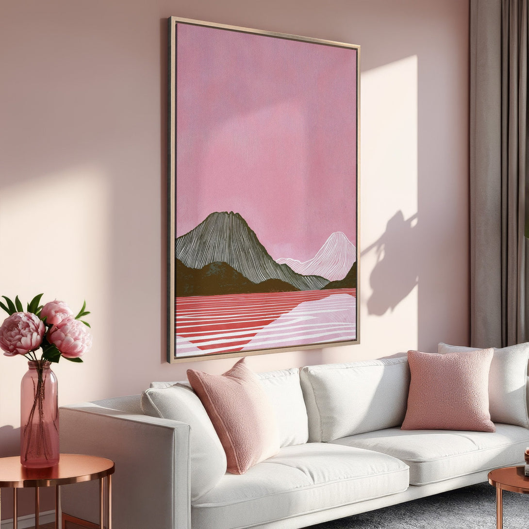Framed Wall Art: Abstract landscape canvas print in pink and gray tones. Modern art perfect for any home decor. Shop now!