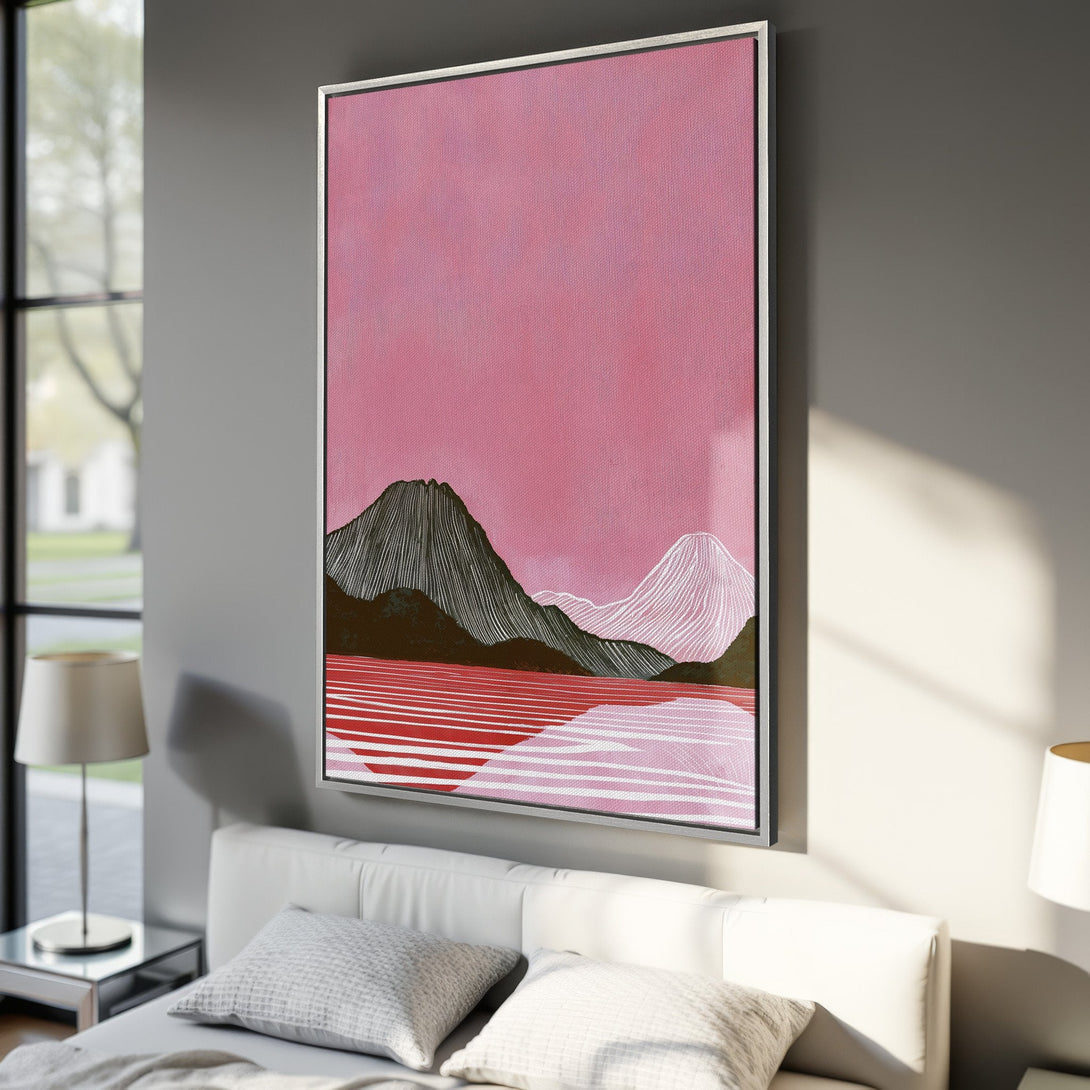 Framed Wall Art featuring a minimalist mountain landscape in pink and black. Modern art print for bedroom decor, adding a pop of color and style.