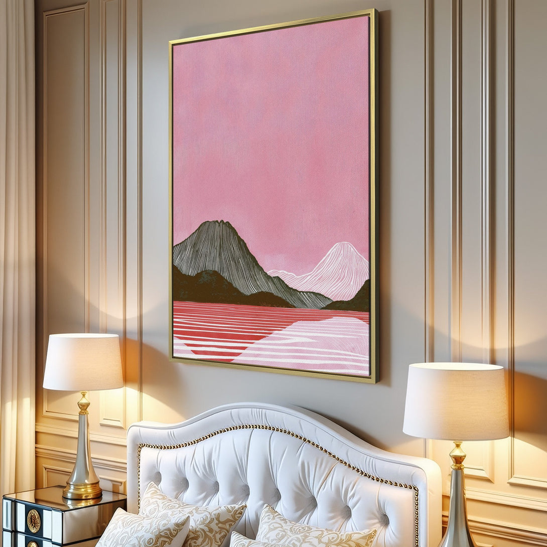 Canvas Print of a minimalist mountain landscape in pink and brown tones, perfect for adding a touch of modern art to your home.