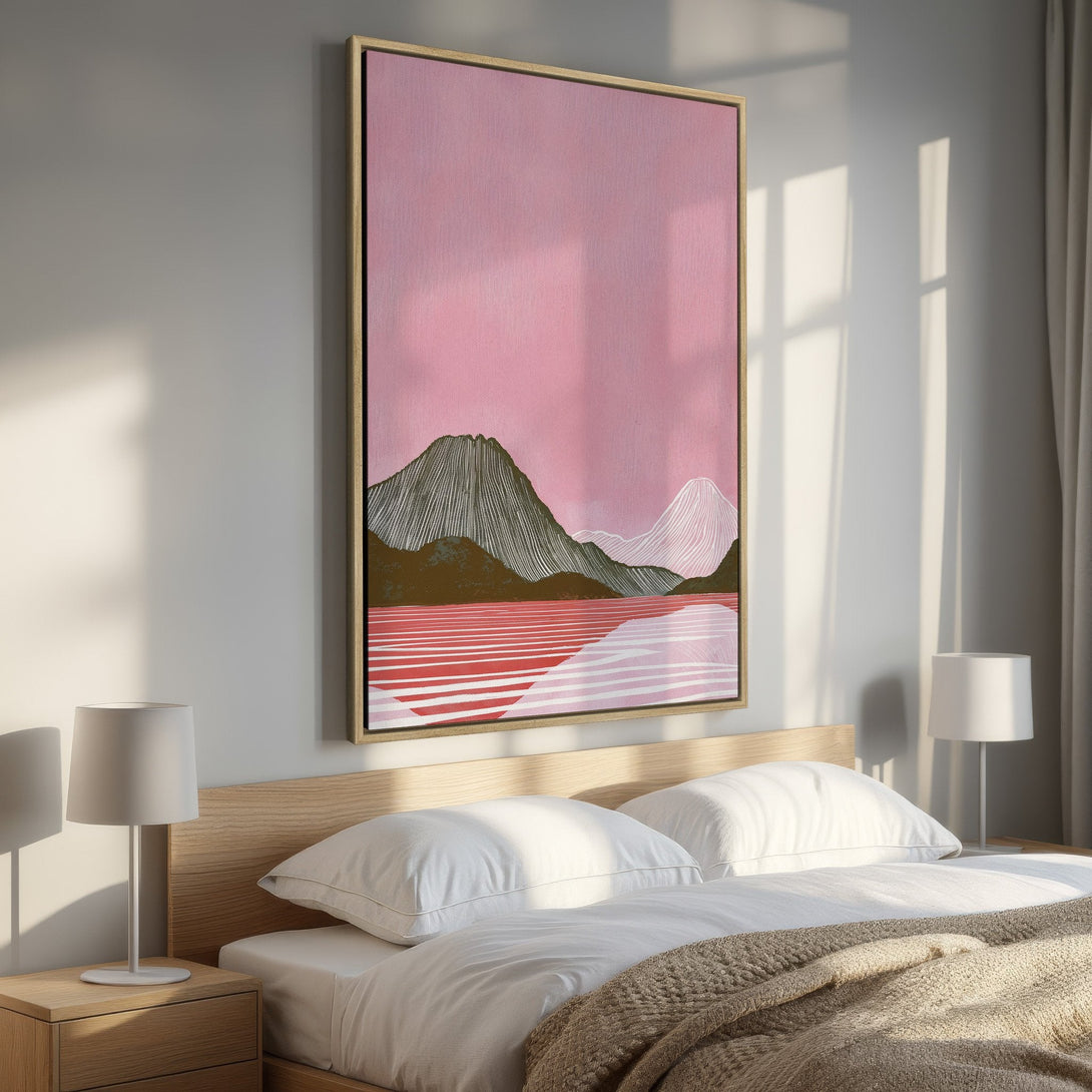 Framed Wall Art featuring a pink abstract mountain landscape. Modern art with a warm color palette, perfect for bedroom decor. Canvas Print available.