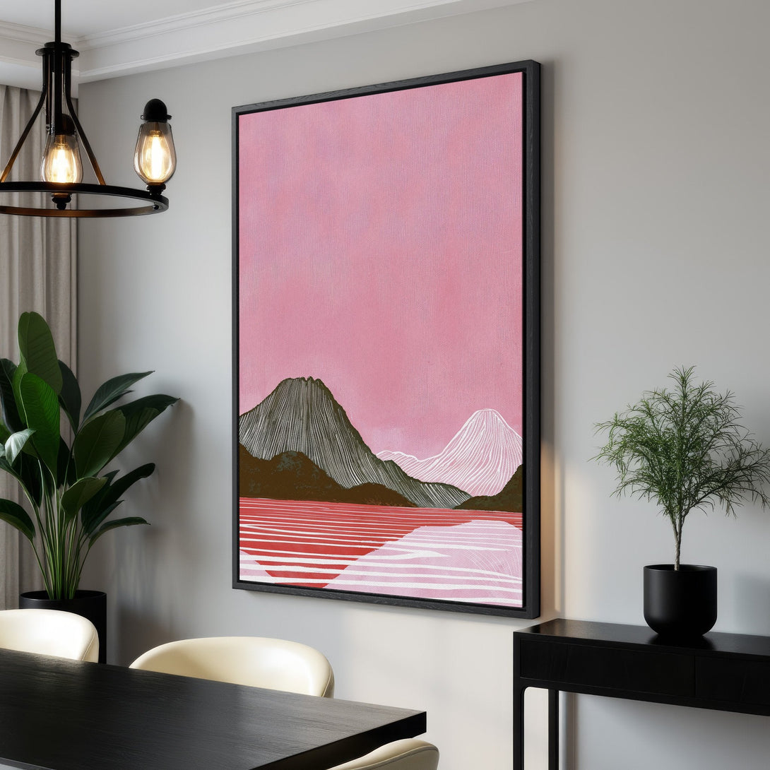 Framed Wall Art featuring a minimalist mountain landscape in pink and earth tones. Modern art perfect for adding a pop of color to any room.