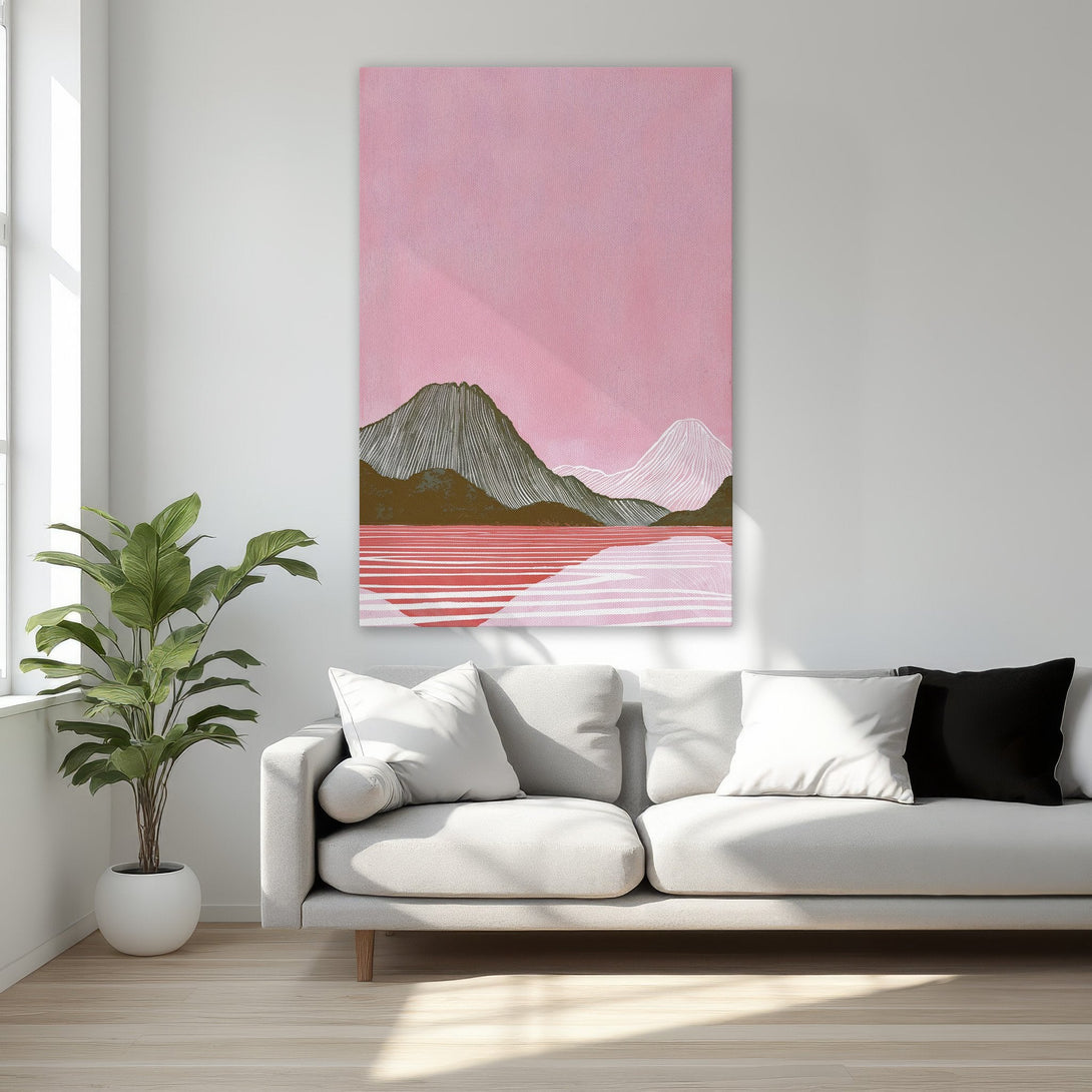 Framed Wall Art: Abstract landscape canvas print in pink and gray, perfect for adding a touch of modern art to your bedroom decor.