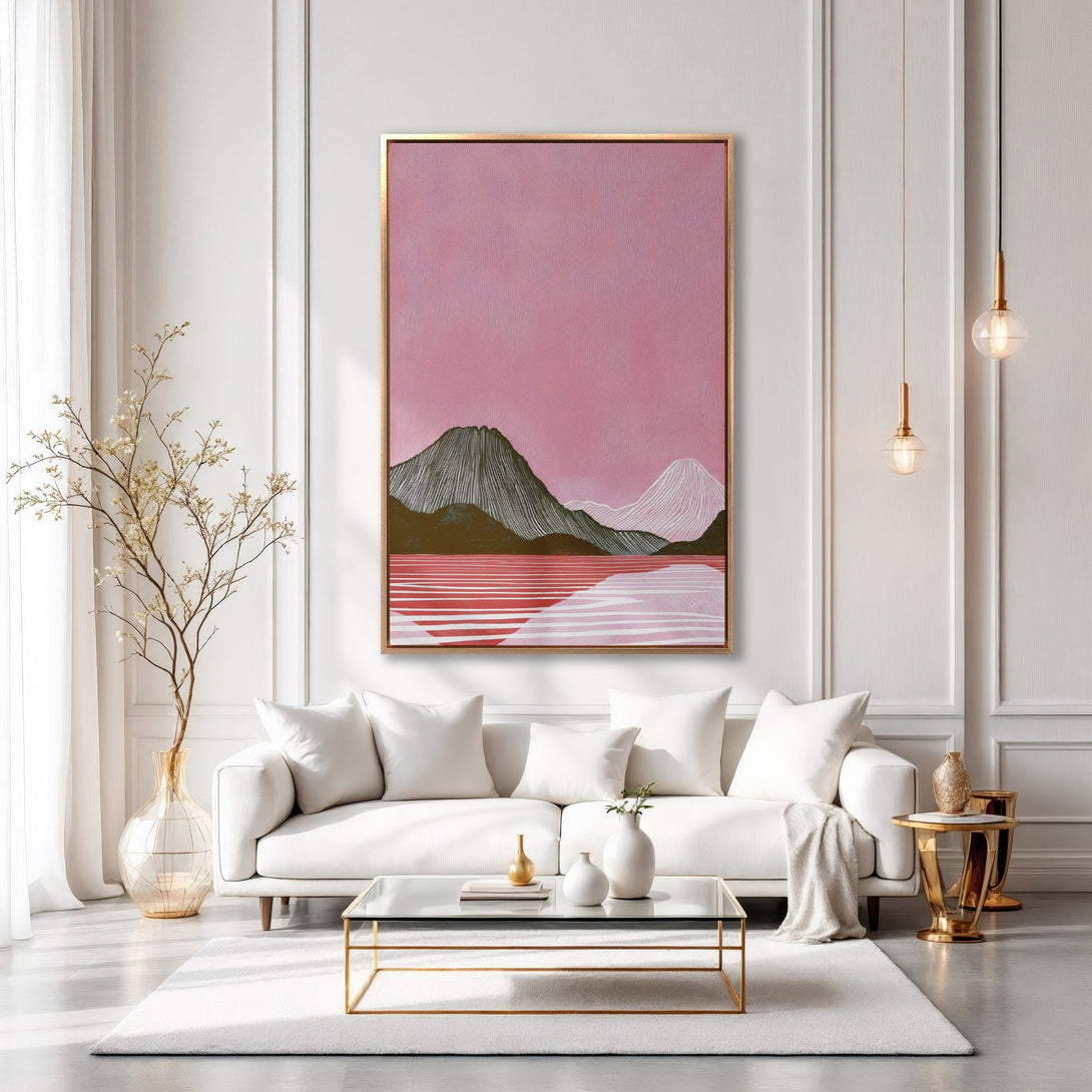 Framed Wall Art: Abstract mountain landscape in pink and neutral tones. Modern art print for a stylish living room.