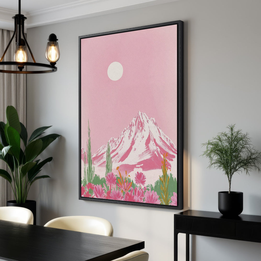 Framed Wall Art: Pink mountain landscape canvas print. Modern art with a pink, white, and green color palette. Perfect for adding a pop of color to your home.