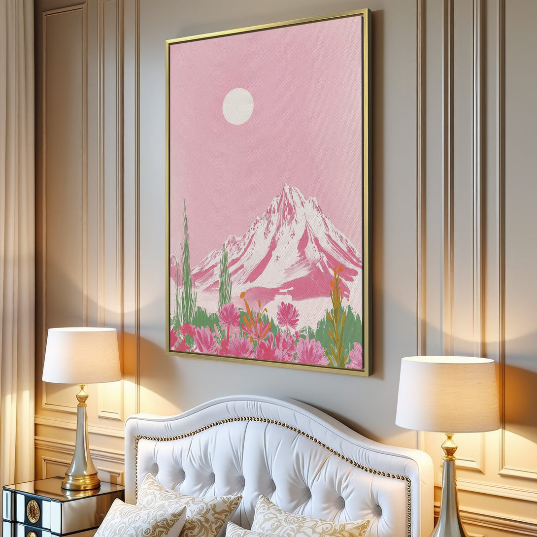 Canvas Print featuring a pink mountain landscape. Modern art style with a soft pink, white, and green color palette. Perfect for adding a pop of color!