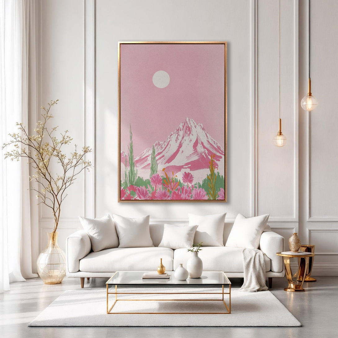 Framed Wall Art: Pink mountain landscape print in a modern living room. Soft pink and white color palette, adding a touch of zen to your space.
