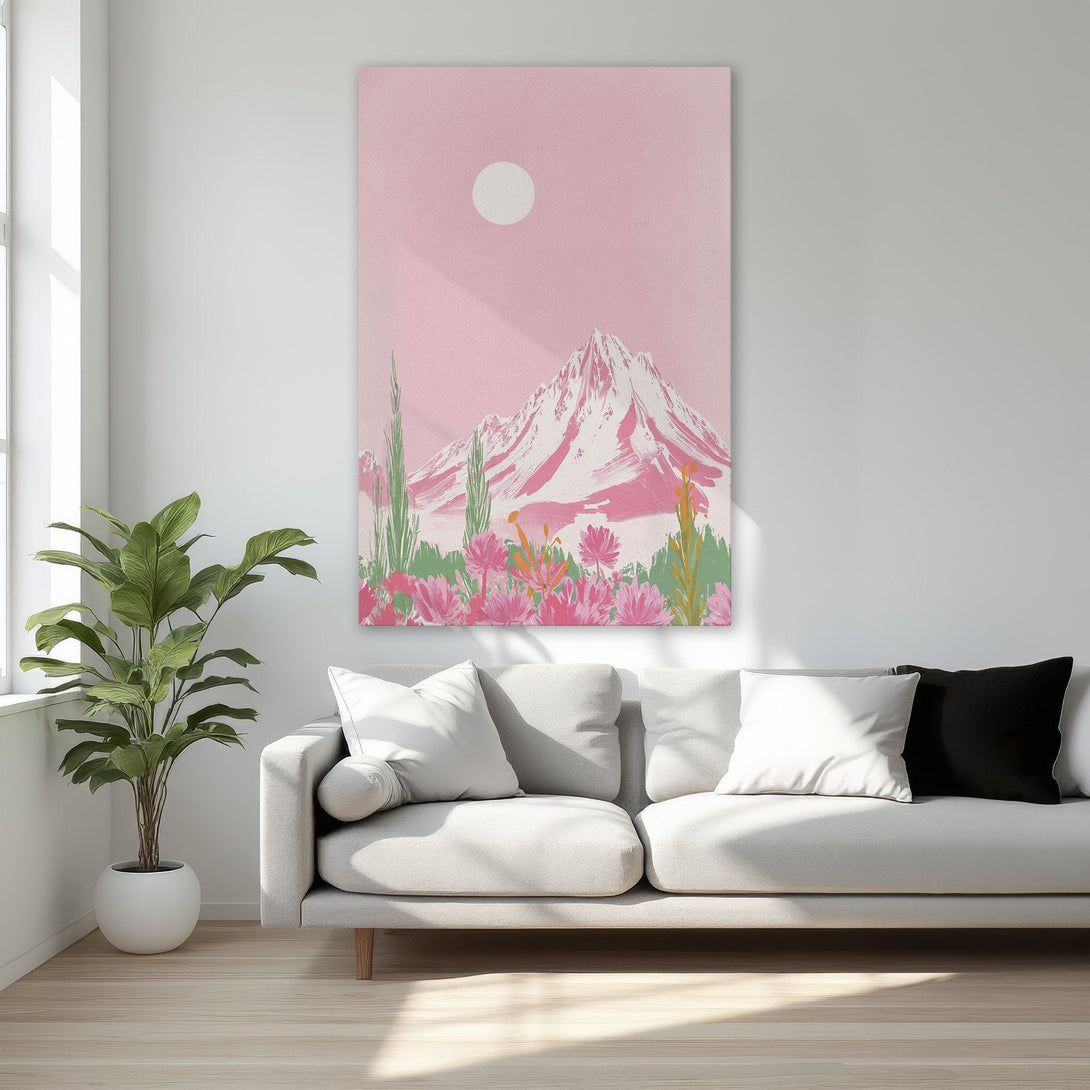Framed Wall Art: Pink mountain landscape canvas print. Modern artwork with a soft pink and green color palette, perfect for adding a touch of serenity to your home.