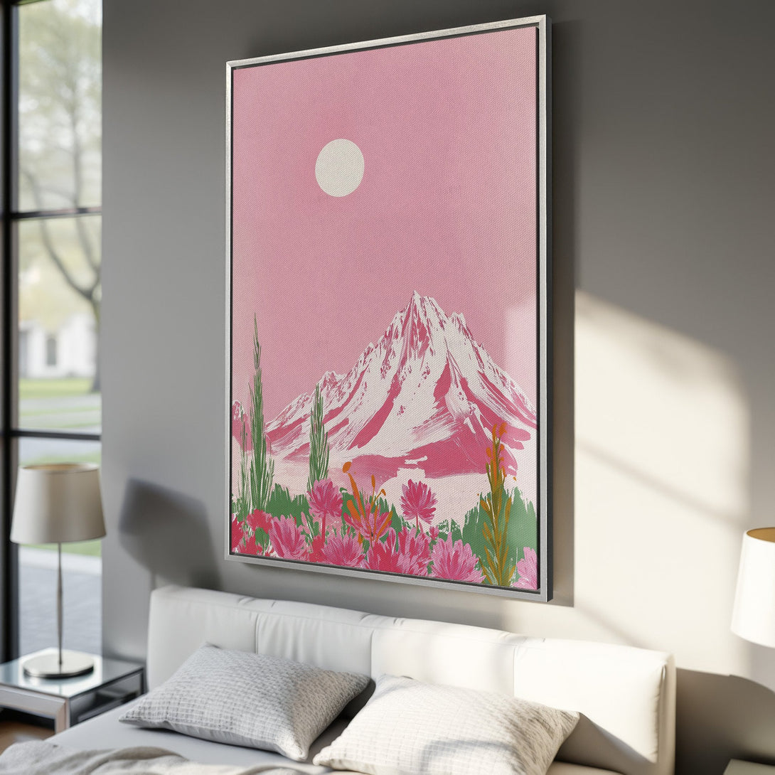 Framed Wall Art: Pink mountain landscape canvas print in a modern interior. Featuring a pink and white color palette, perfect for adding a touch of art to any room.