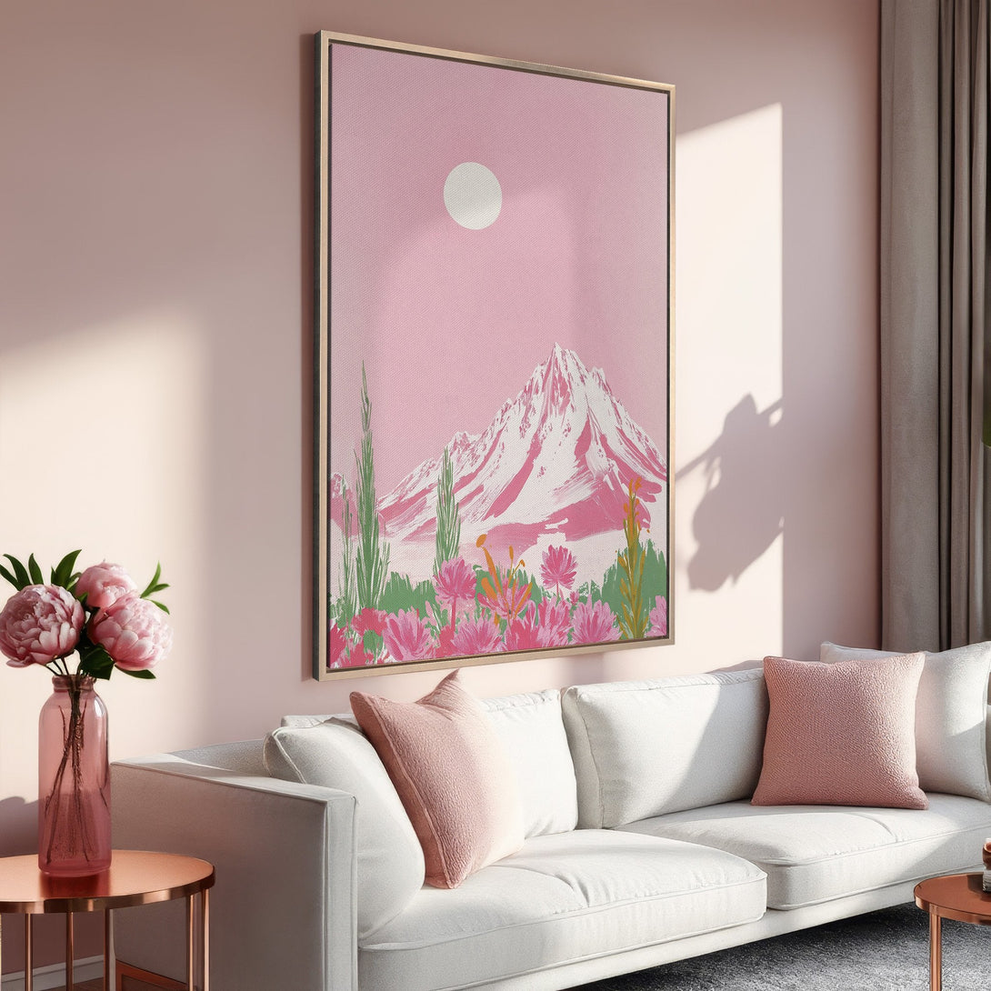 Framed Wall Art: Pink mountain landscape canvas print in a modern living room. Pastel color palette, perfect for adding a touch of serenity to your space.