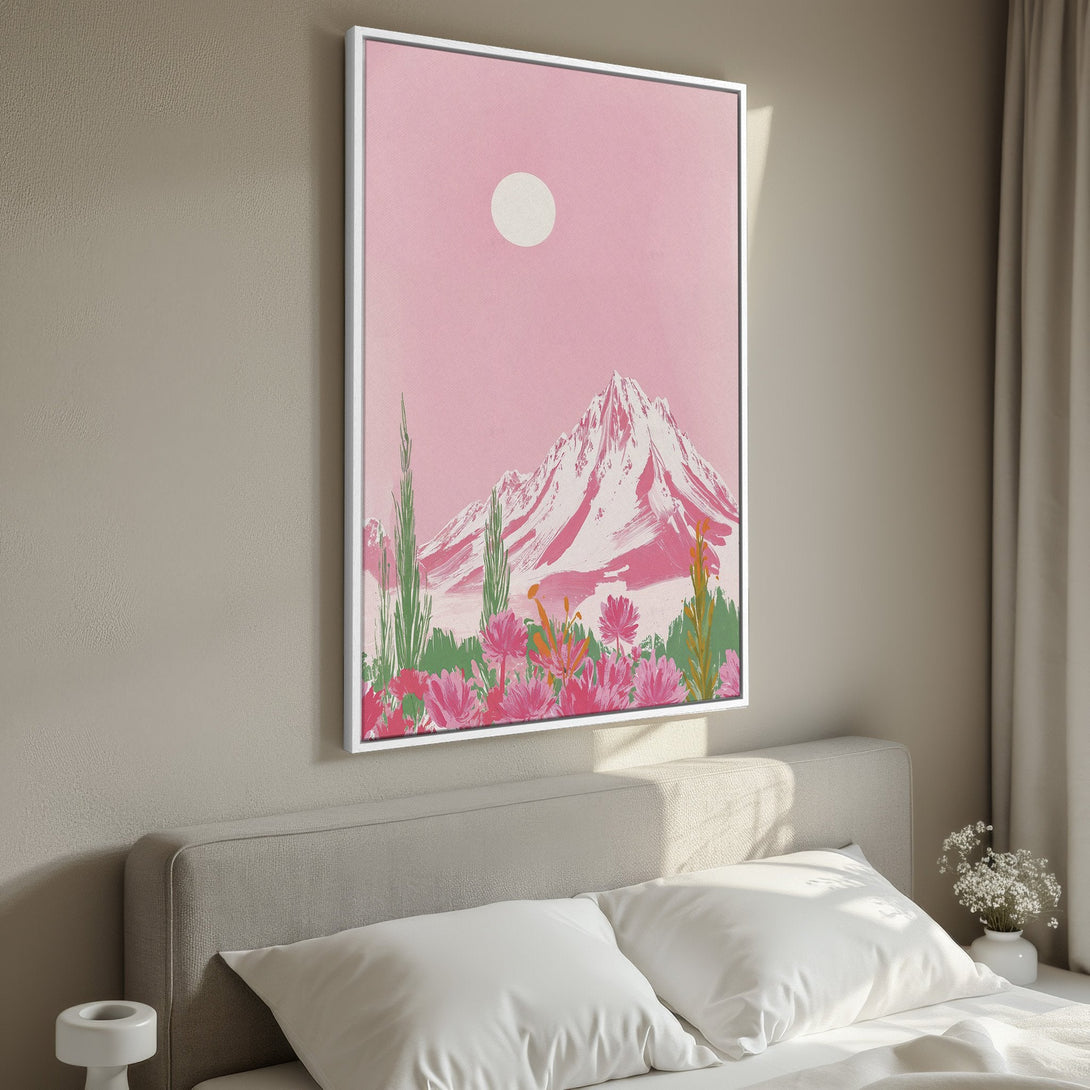 Framed Wall Art: Pink mountain landscape Canvas Print. Modern art with a soft pink and green color palette, perfect for bedroom decor.