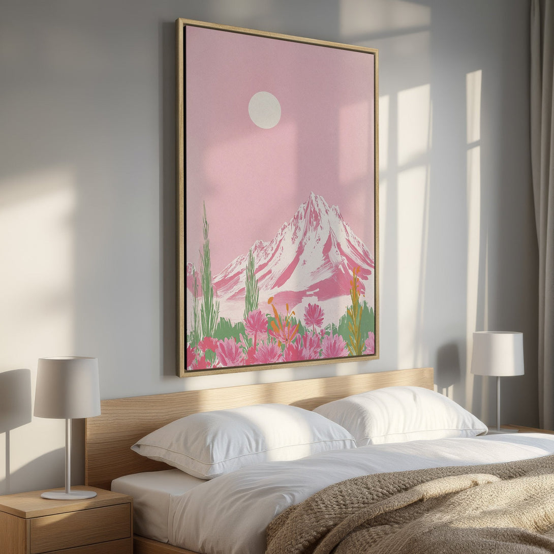 Framed Wall Art featuring a mountain landscape in a pink and green palette. Modern art print perfect for bedroom decor.