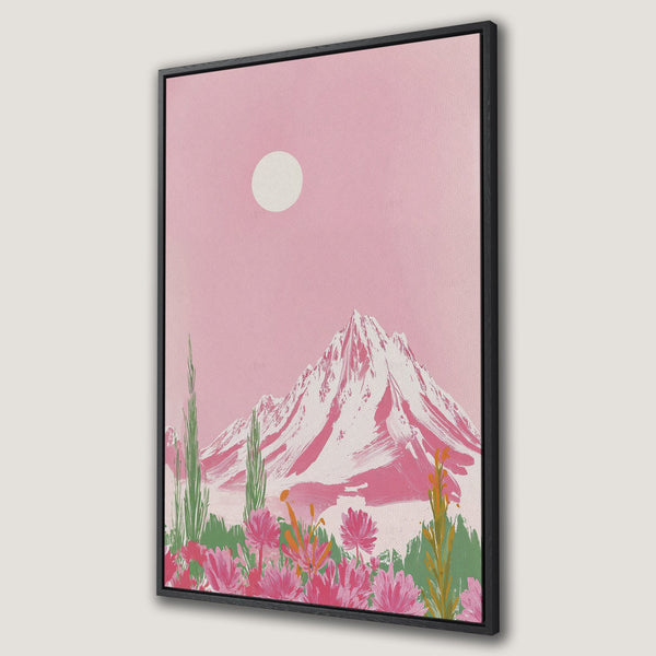 Framed Wall Art: Abstract mountain landscape in pink, white, and green. Modern Canvas Print for a pop of color and artistic style.